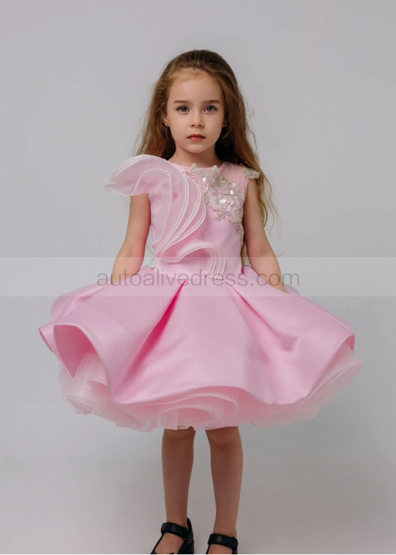 Beaded Pink Satin Lace Flower Girl Dress